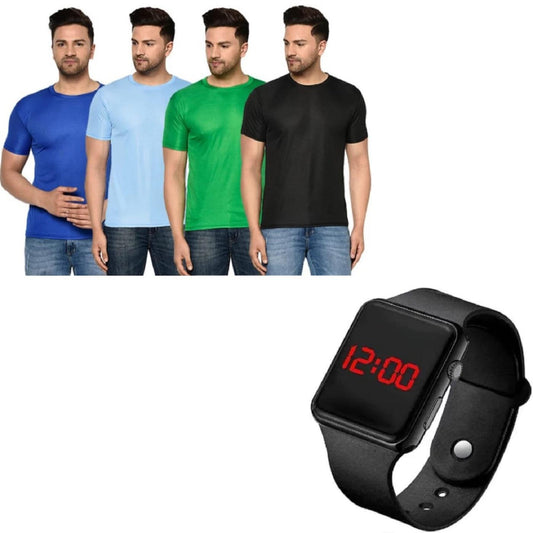 Men's Half Sleeves Round Neck T-shirt (Pack of 4) With Digital Watch Combo